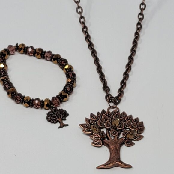 Tree of Life Necklace Bracelet Set Dark Coppertone Matinee Faceted Glass Beads - Picture 4 of 8